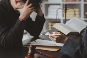 Distressed person with head in hands at desk with legal book, pen, and gavel, representing concerns about how an inheritance is treated in a bankruptcy case in Brandon, Florida